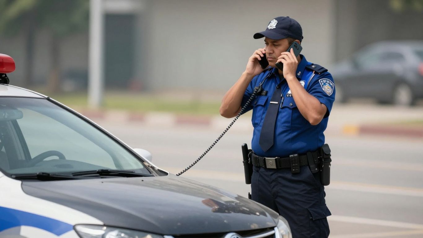 Polizist telefoniert nach einem Autounfall.