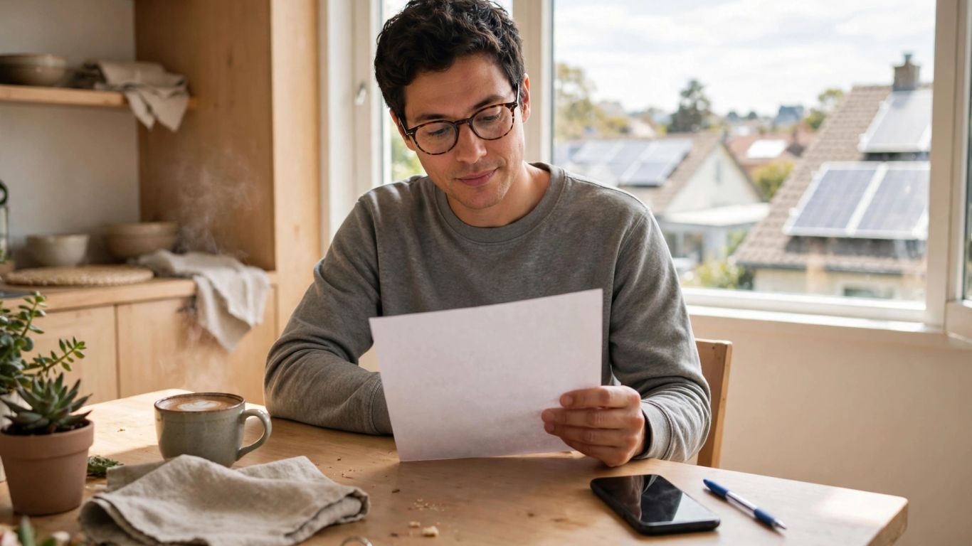 Homeowner reviewing an electric bill beside solar panels