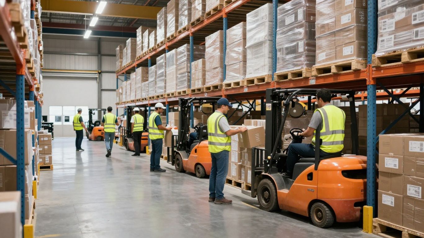 Workers managing packages in a busy distribution center