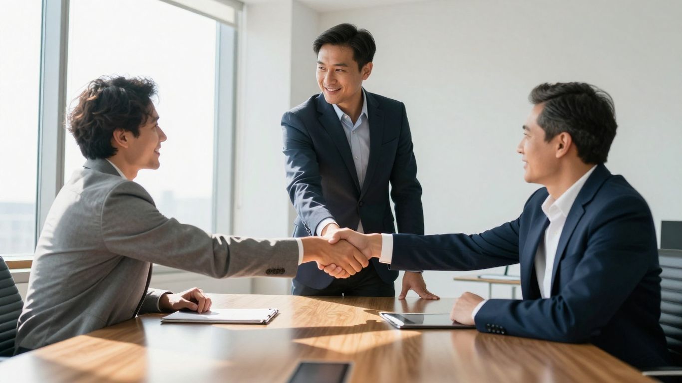 Salesperson shaking hands, securing an appointment.
