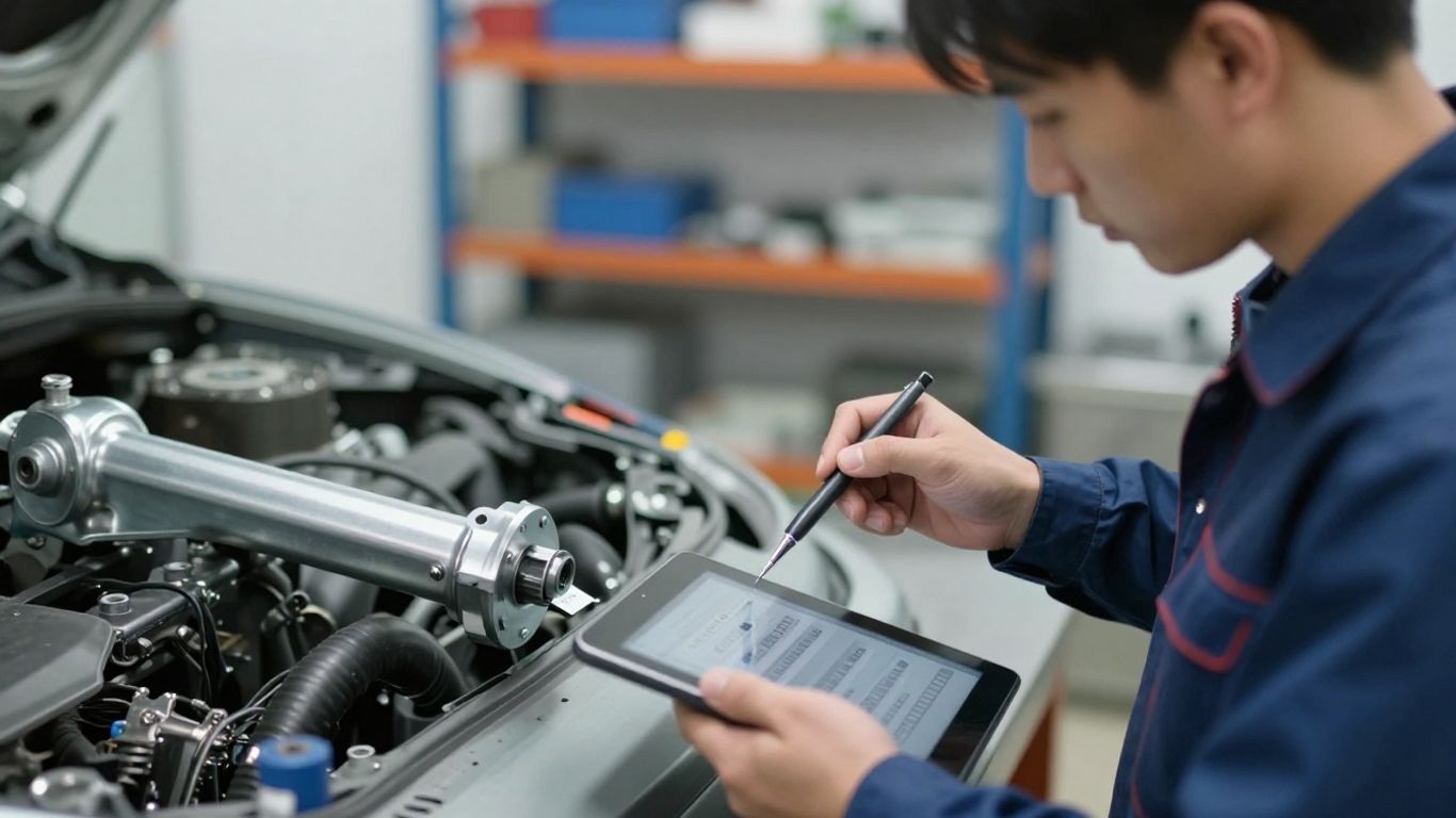 Mechanic verifying part numbers using a laptop