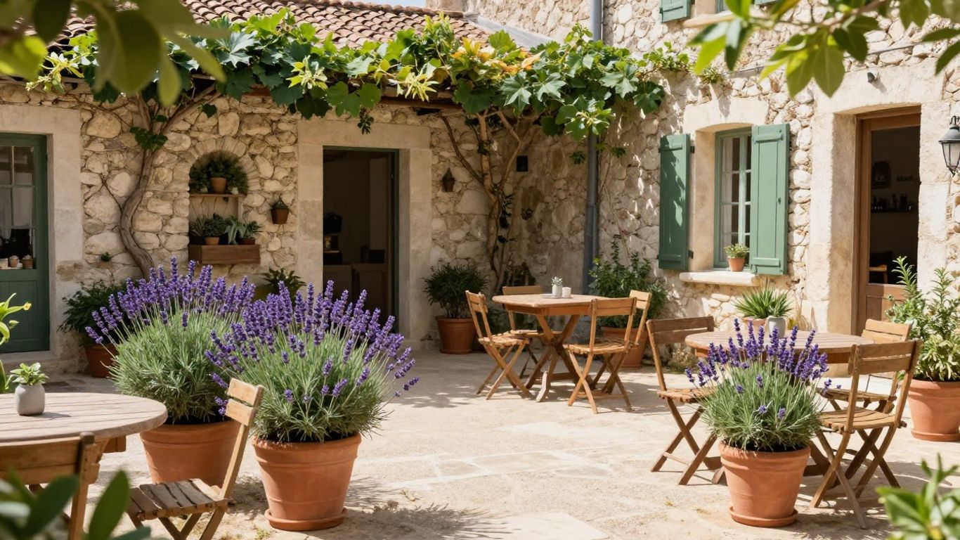 Brewery courtyard with lavender, rosemary, and stone building.