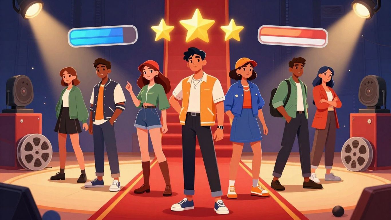 Animated group entering red carpet entertainment career adventure