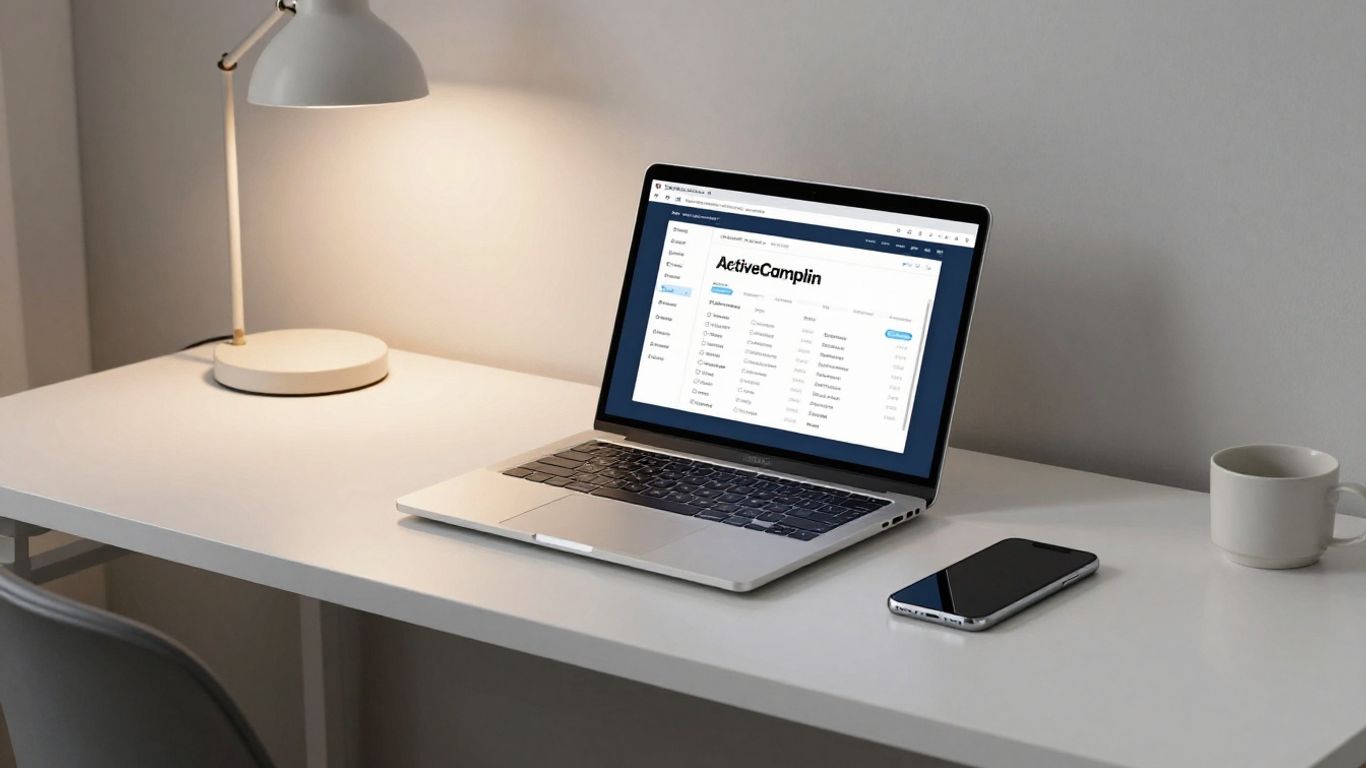 ActiveCampaign 로고와 함께 깔끔한 사무실 책상 모습