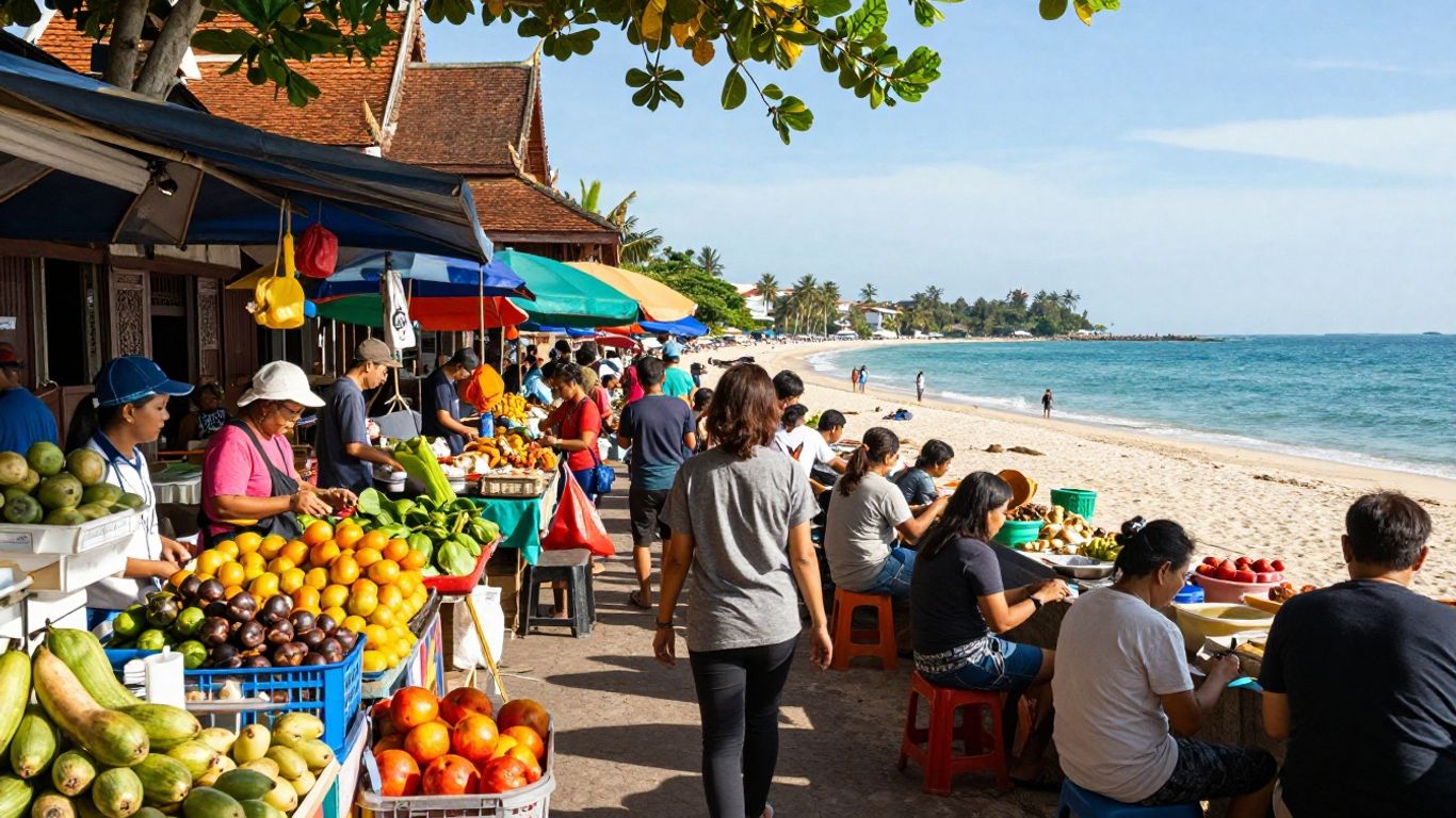 Phuket market scene with beach backdrop.
