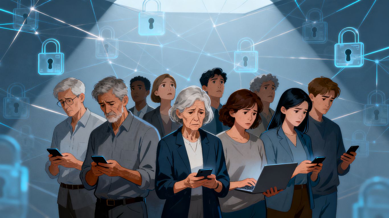 People looking concerned with digital lock icons.