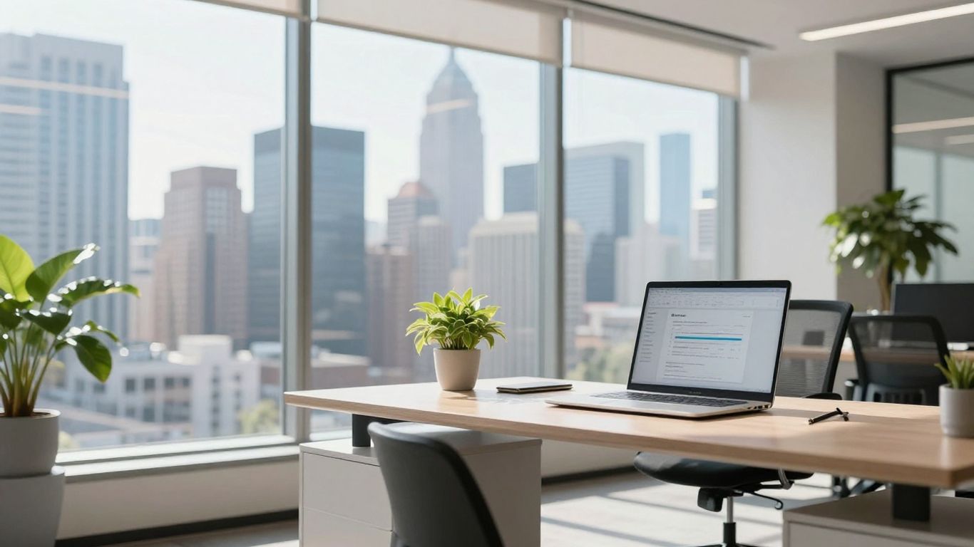 Modern office with city view, laptop, and plant.