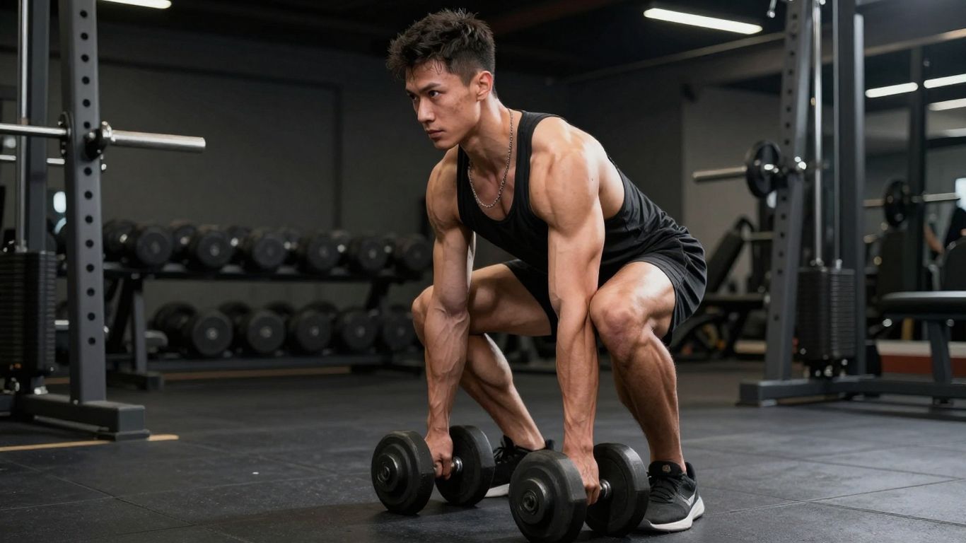 Person doing dumbbell Romanian deadlifts for legs.