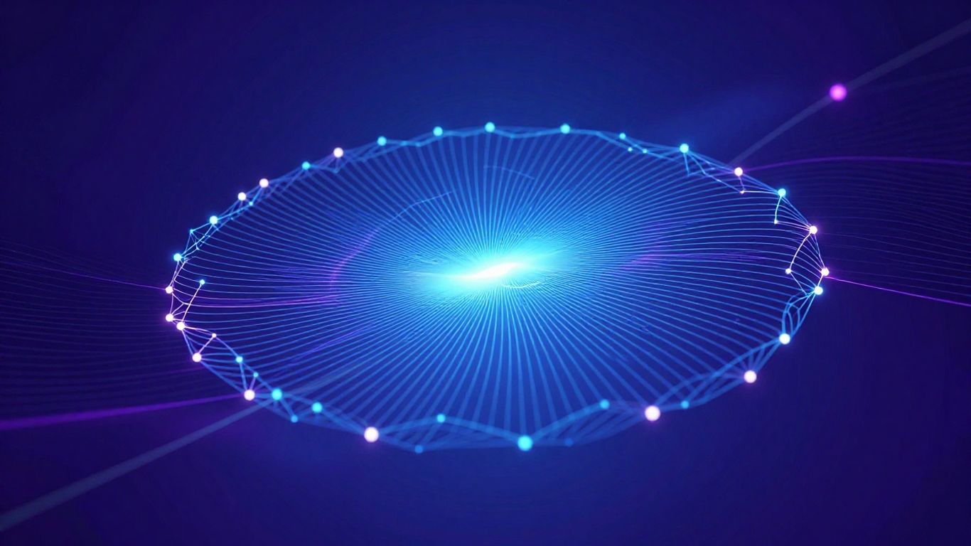 Abstract digital landscape with glowing lines and interconnected nodes.