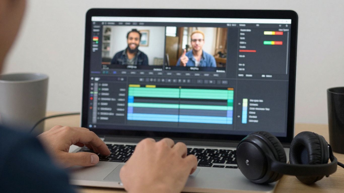 Video editor adjusting color and audio on a laptop screen
