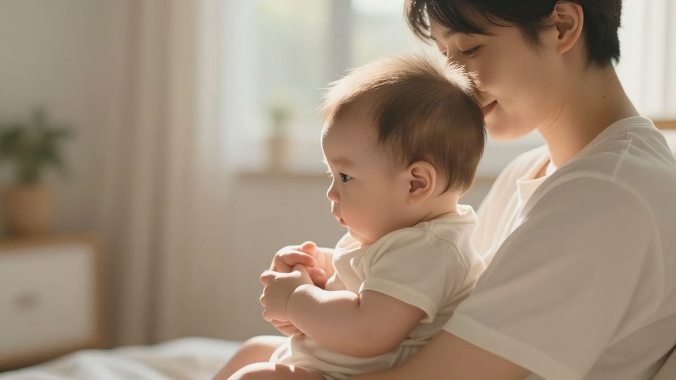 Parent holding a baby with warm lighting.