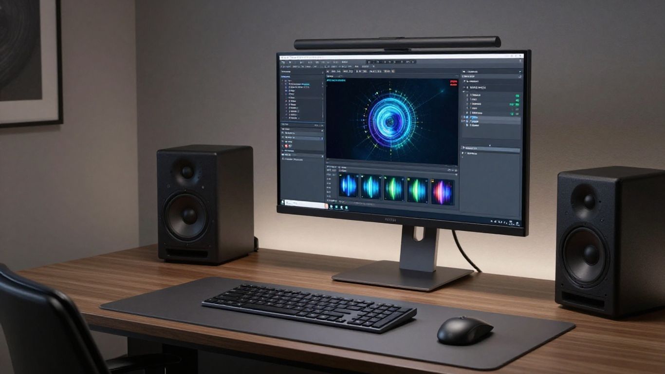 A futuristic studio workspace with monitors and audio equipment