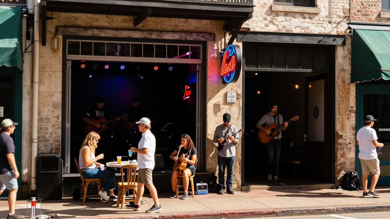 Austin street with live music venues and neon signs.