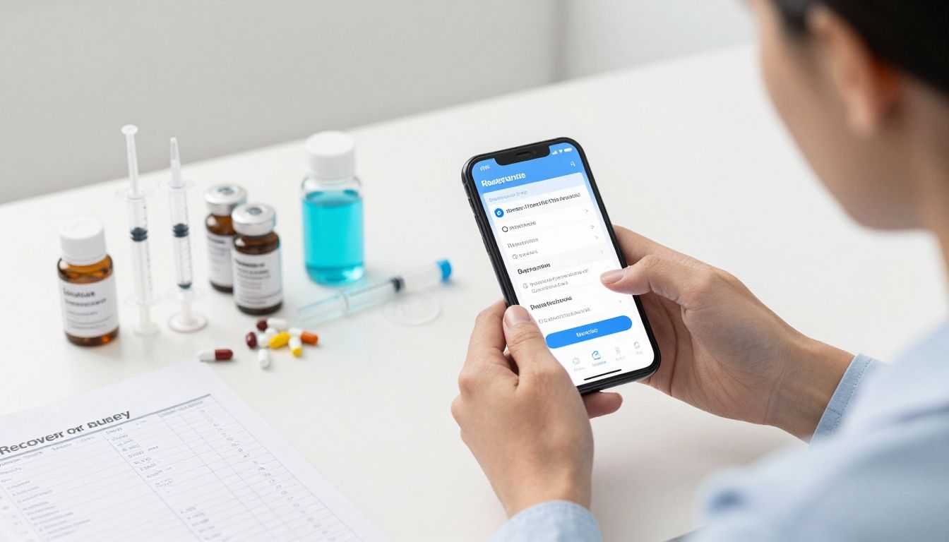 Bright modern health-tech scene with a diverse adult reviewing a medication protocol on a smartphone beside labeled syringes, lab results, supplements, and an organized recovery journal; photorealistic, clean, no text or logos
