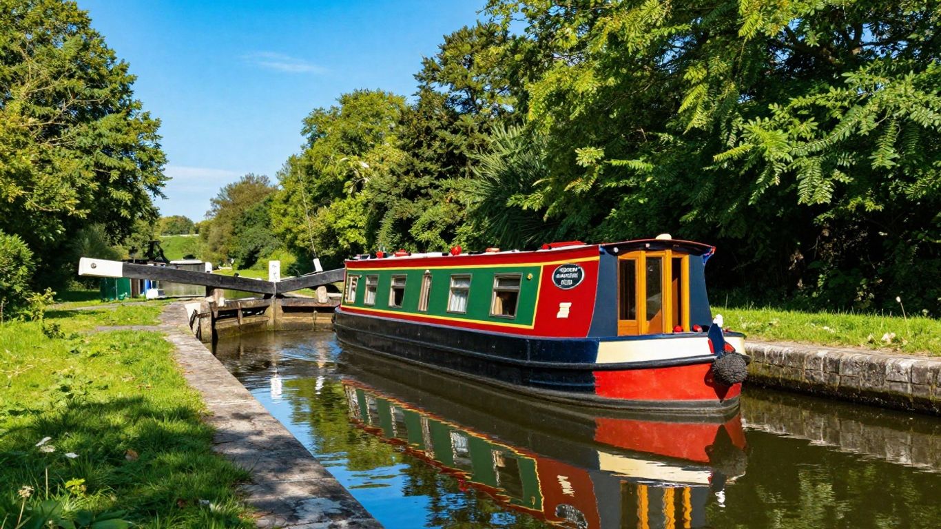 A colorful canal boat passing through a summer lock