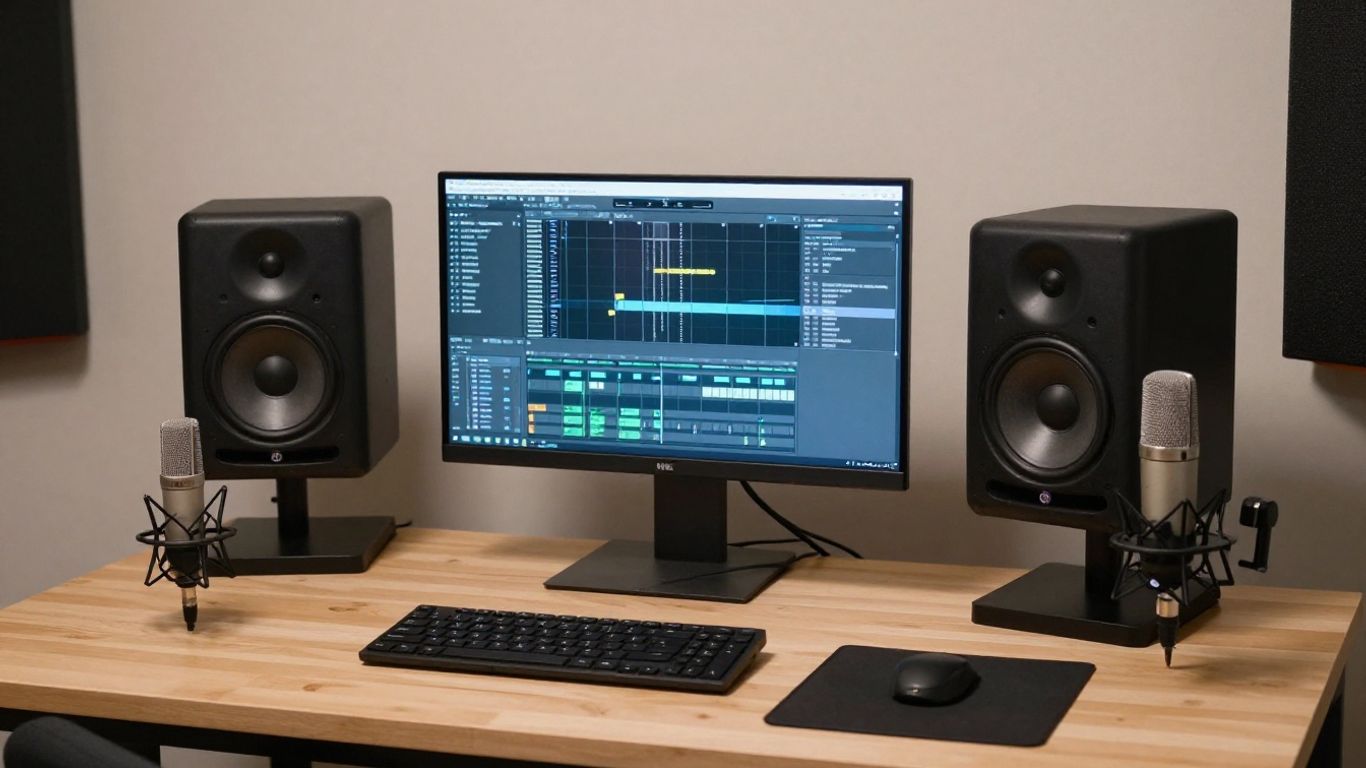 Home recording studio setup with microphone and speakers.