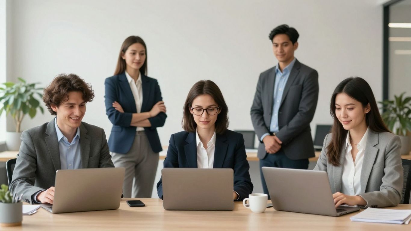 Neue Kollegen begrüßen Mitarbeiter im modernen Büro freundlich