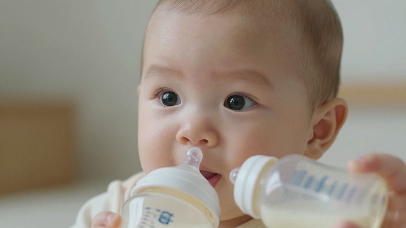 Bebé mirando una botella de leche.