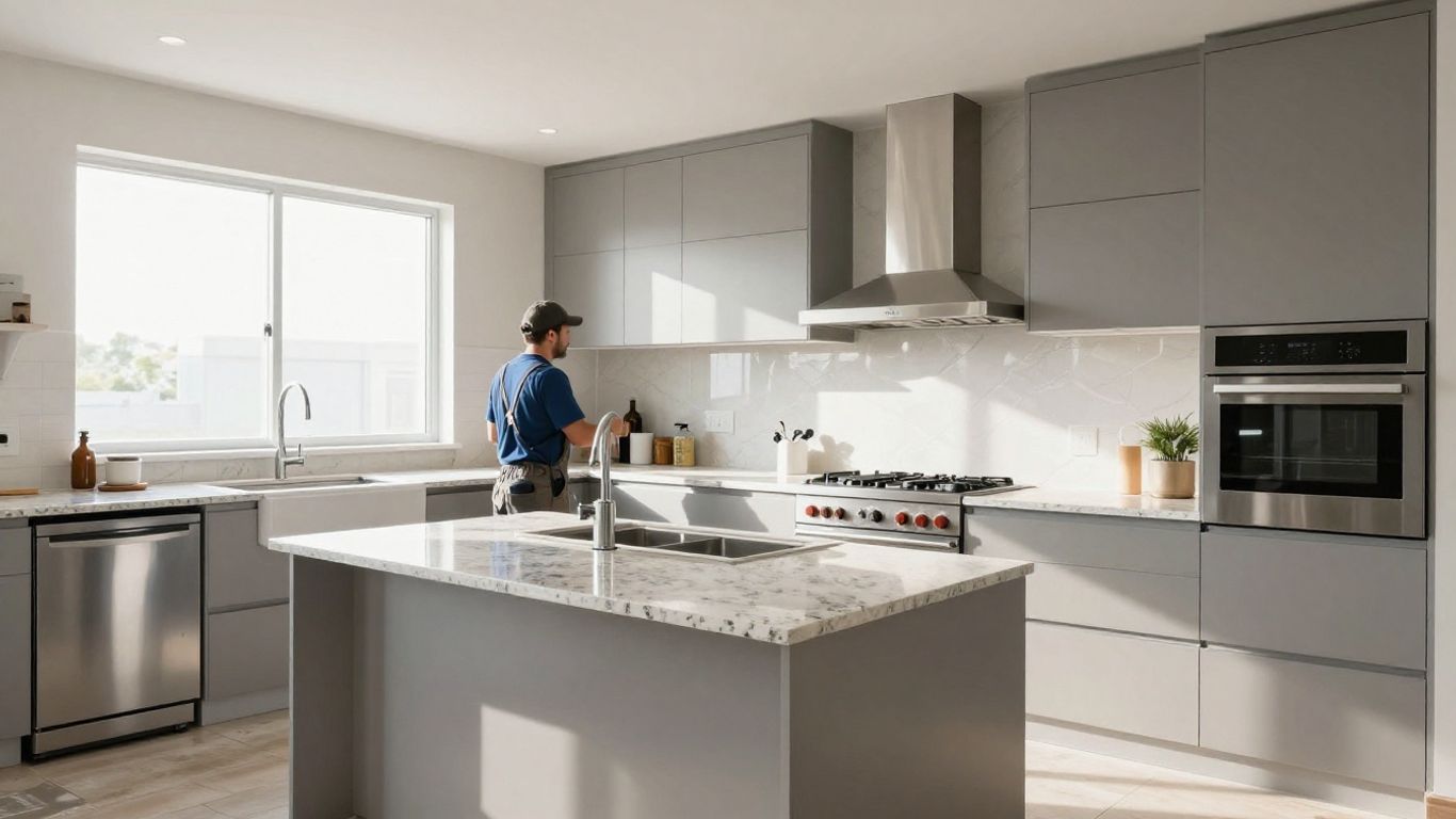 Modern kitchen remodel with granite countertops and new appliances.