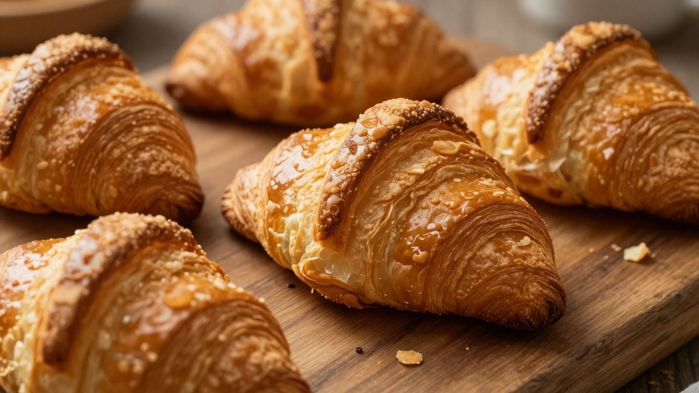Flaky croissants on a wooden surface, ready to eat.