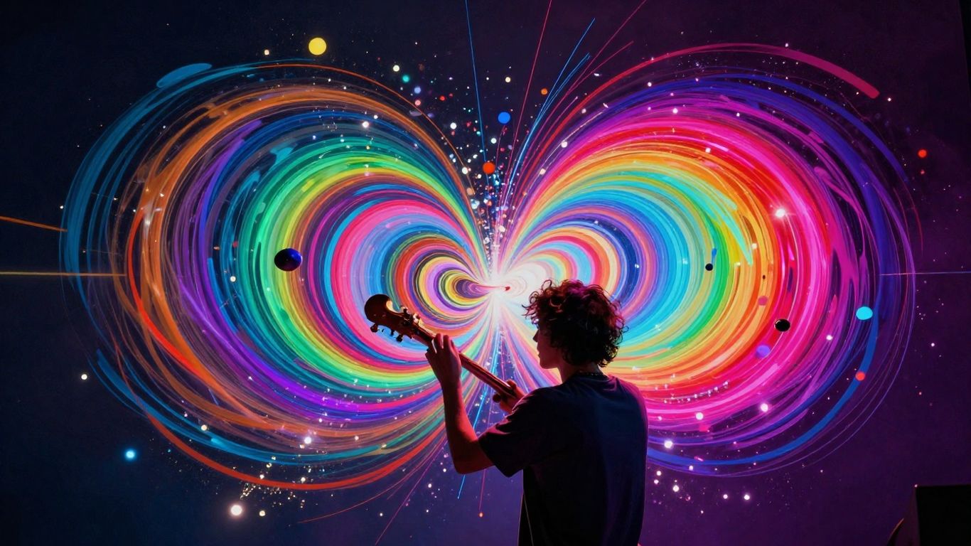 Musician interacting with abstract music visualizer