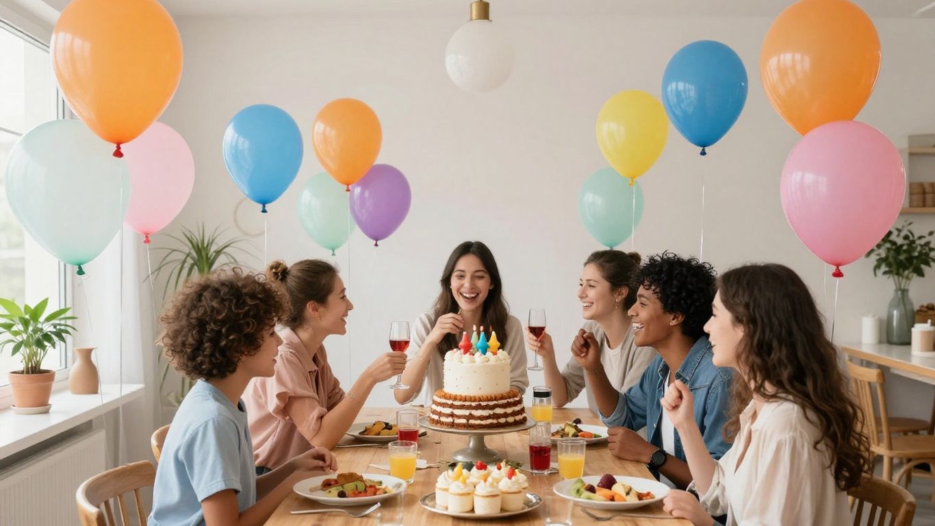 Birthday party venue in Addison, TX with balloons and cake.
