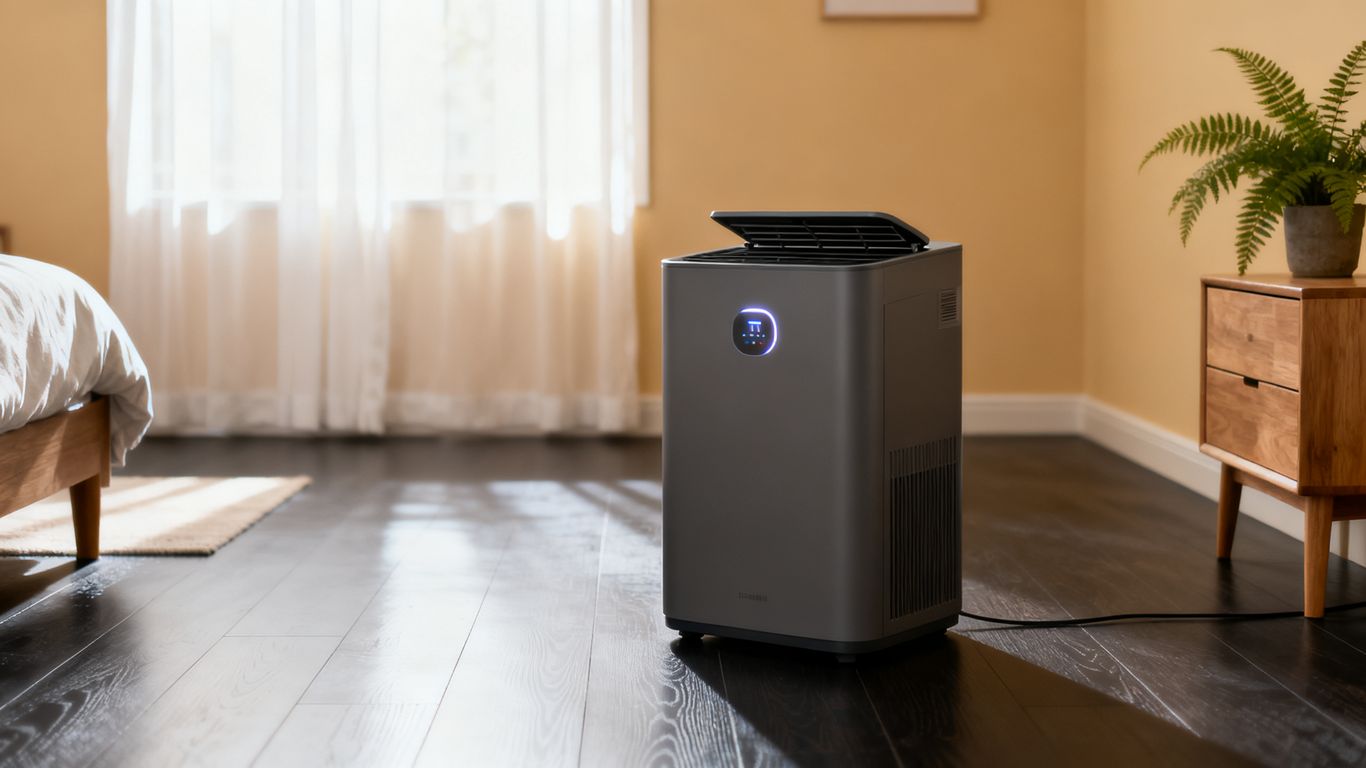 A small modern dehumidifier placed on a wooden floor