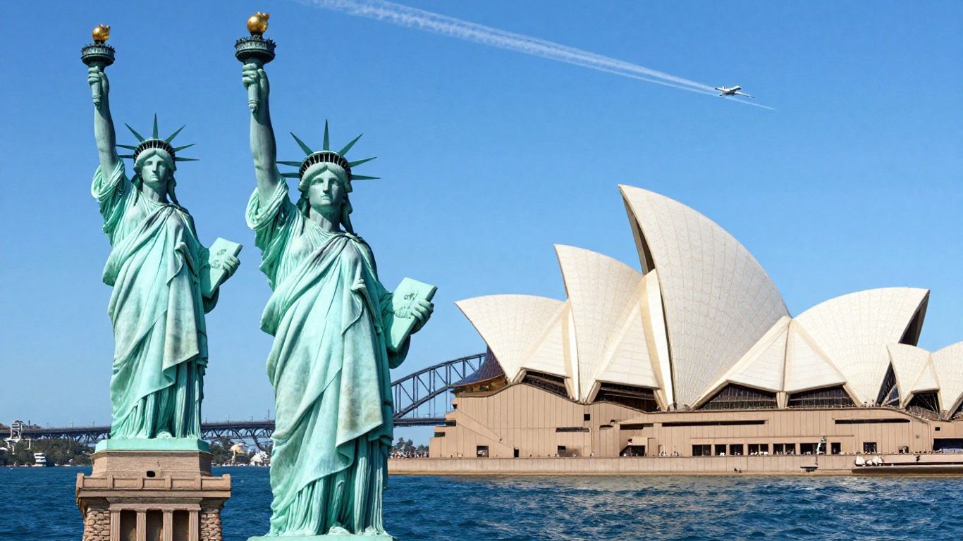 Iconic landmarks of USA and Australia connected by travel.