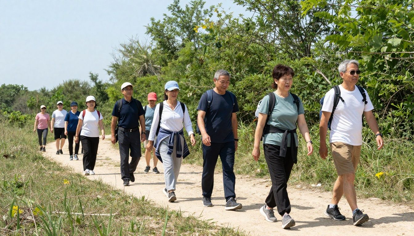 A diverse group of adults in their 40s and 50s enjoying a light outdoor hike on a sunny day, looking energetic and healthy as they walk along a forest trail.