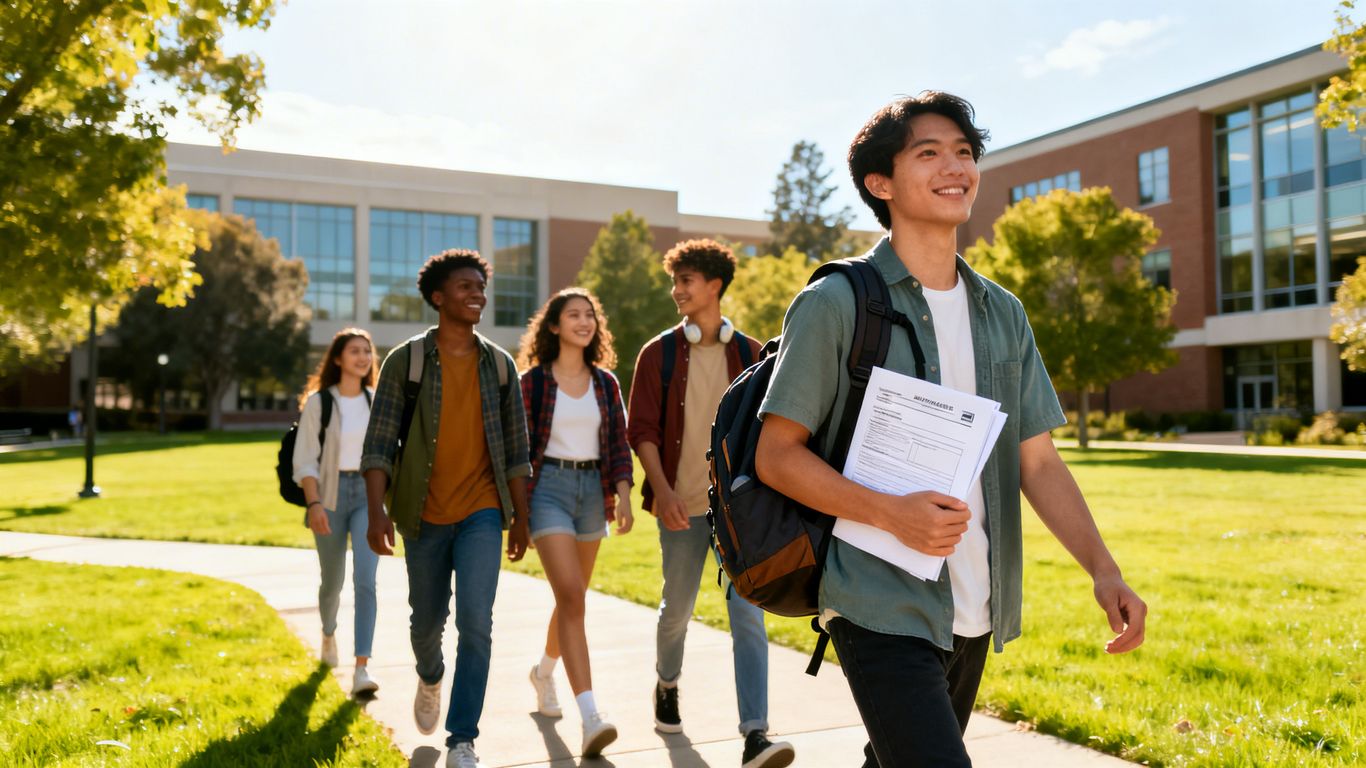 Transfer students walking on a university campus