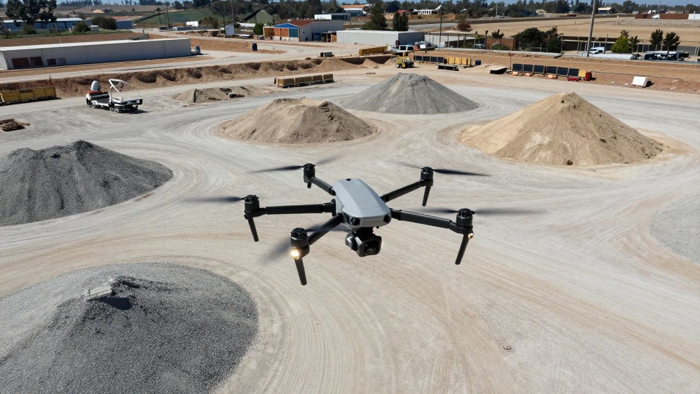Drone surveying construction material stockpiles in California.