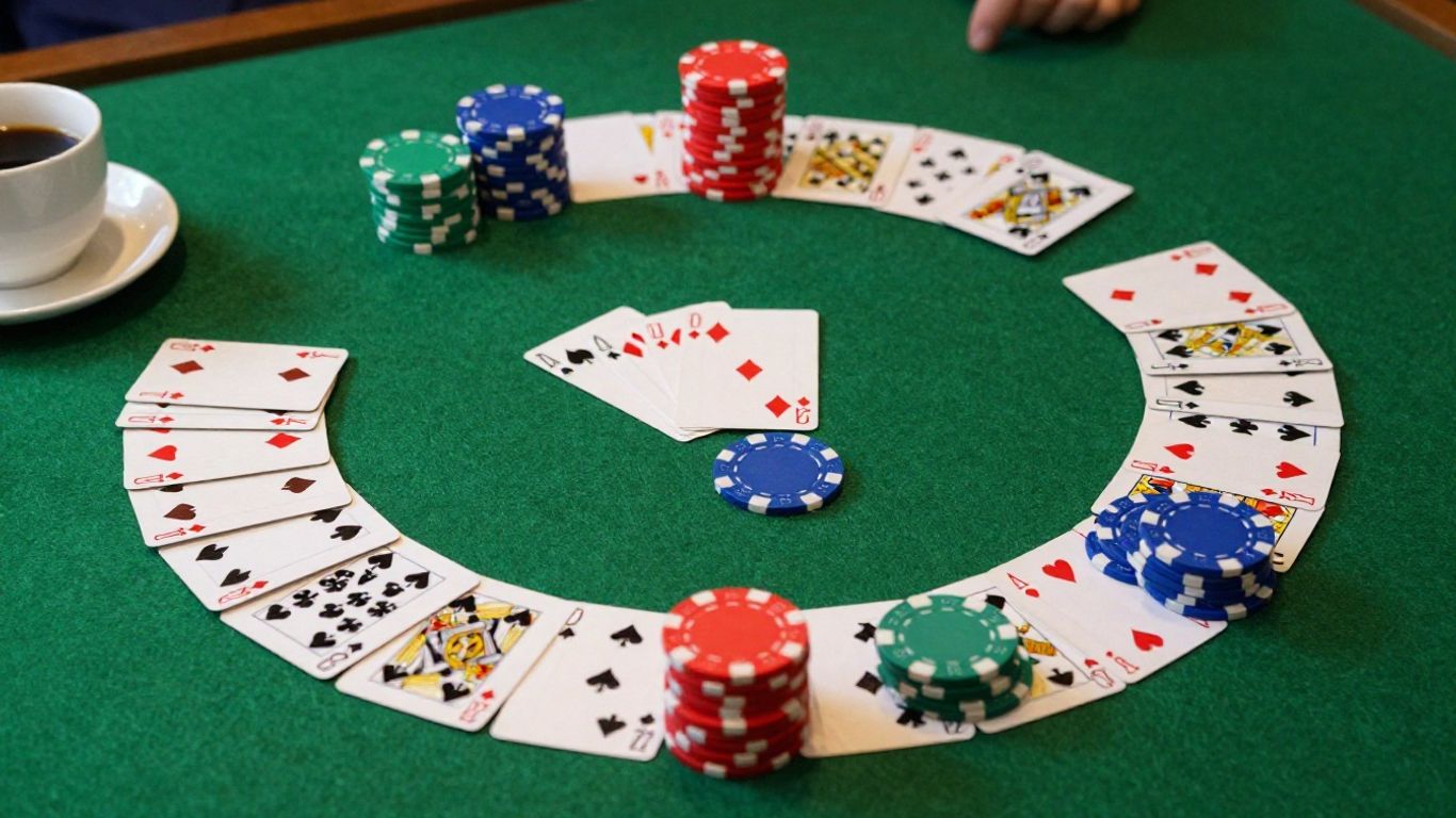 Classic solitaire card game setup on green felt table