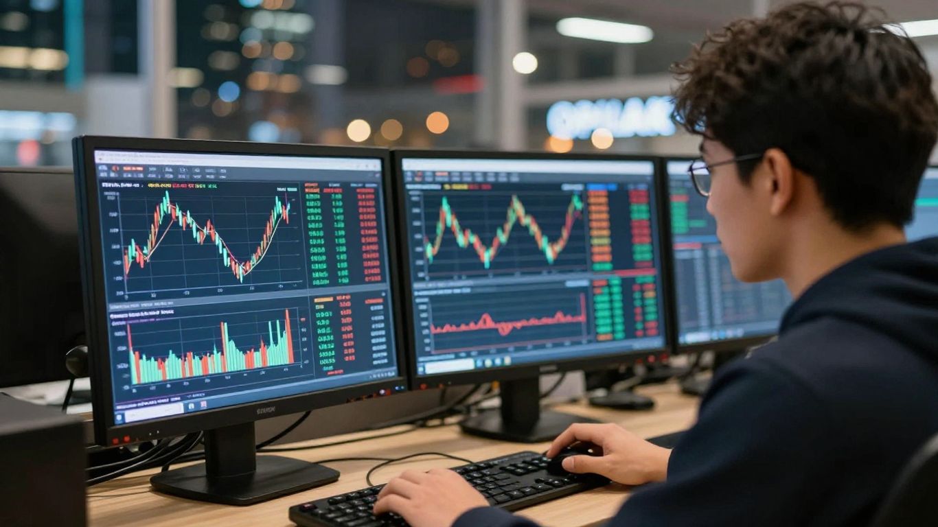 Forex demo trading with currency charts and city lights.