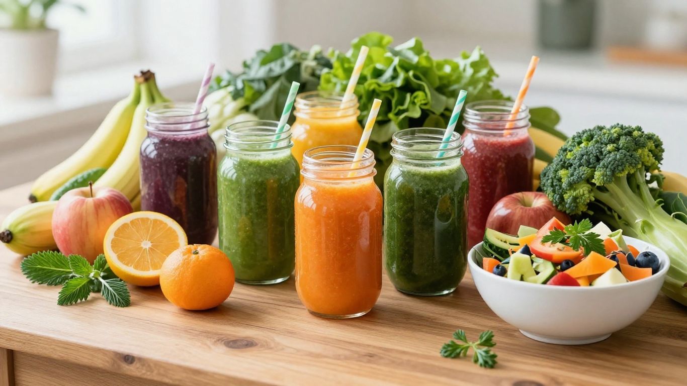Fresh fruits, vegetables, and smoothies for wellness