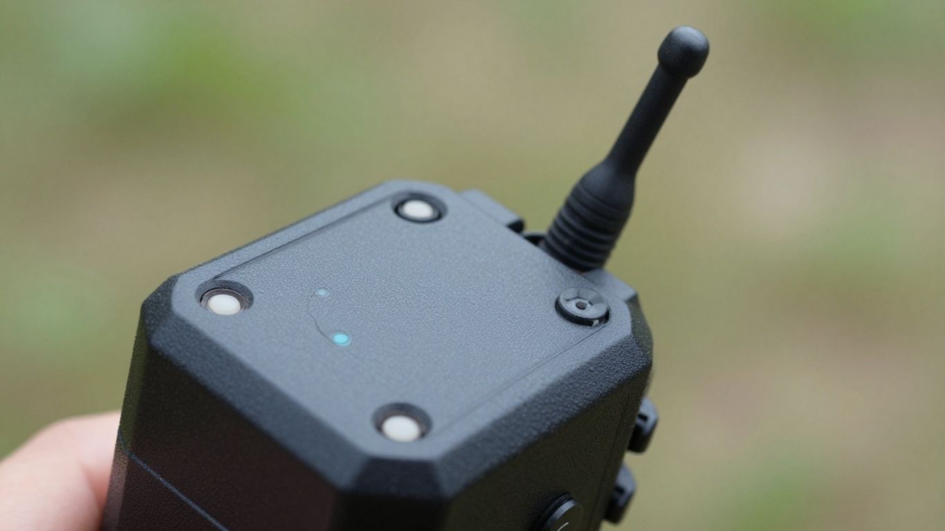 Meshtastic device in hand, outdoor background.