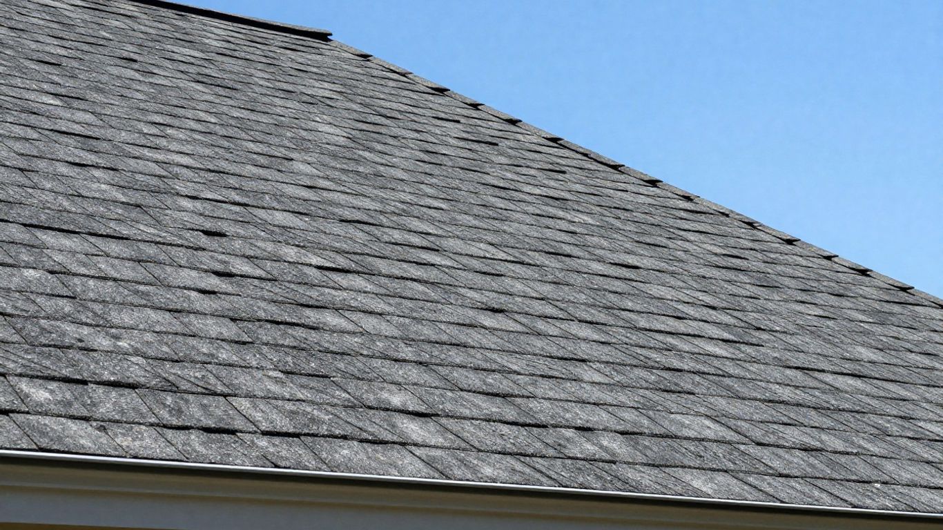 Close-up of dark gray slate roof shingles on a house.