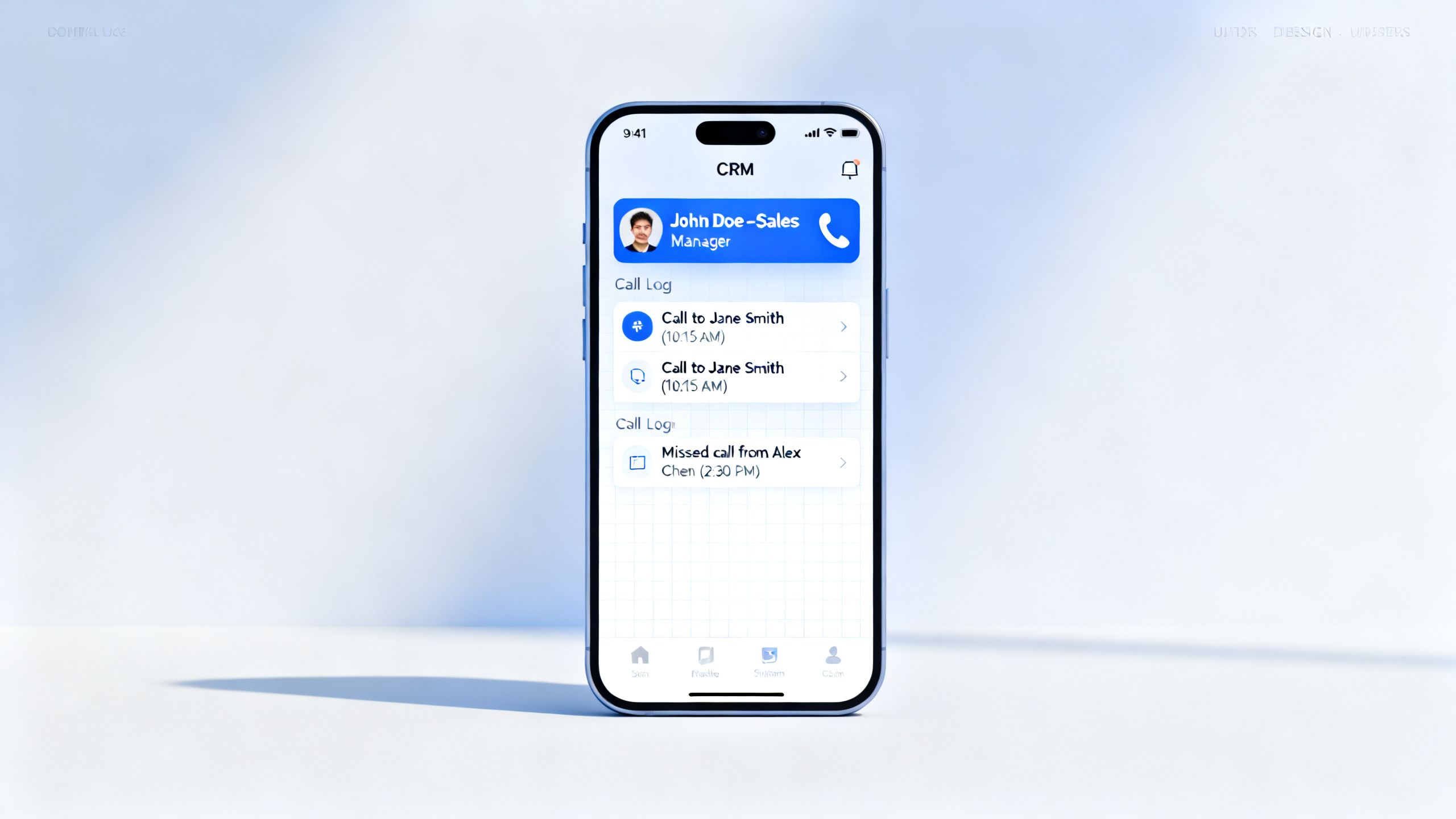 A smartphone displaying a clean user interface with contact information and call logs, representing a mobile CRM