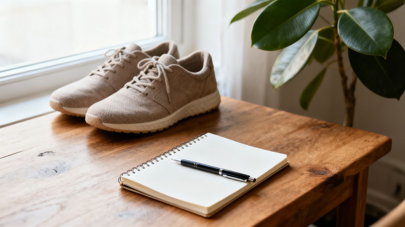 Notebook and walking shoes on a sunlit table