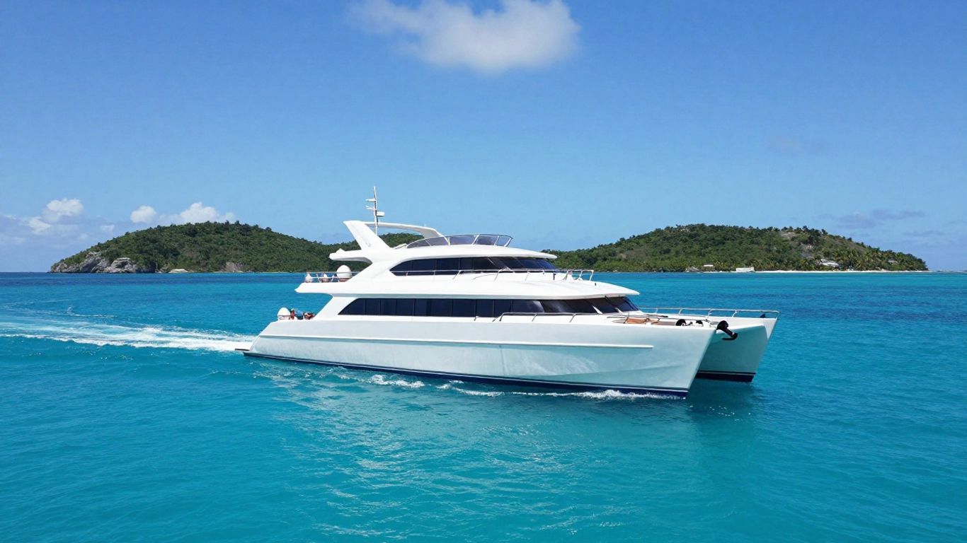 Catamaran sailing in clear Caribbean waters near islands.