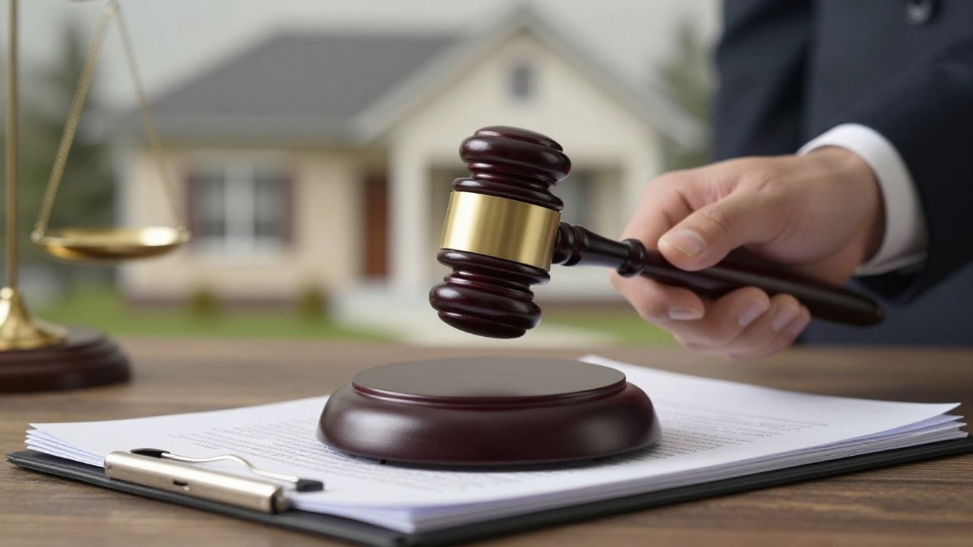 Martillo de juez sobre documentos legales y casa.