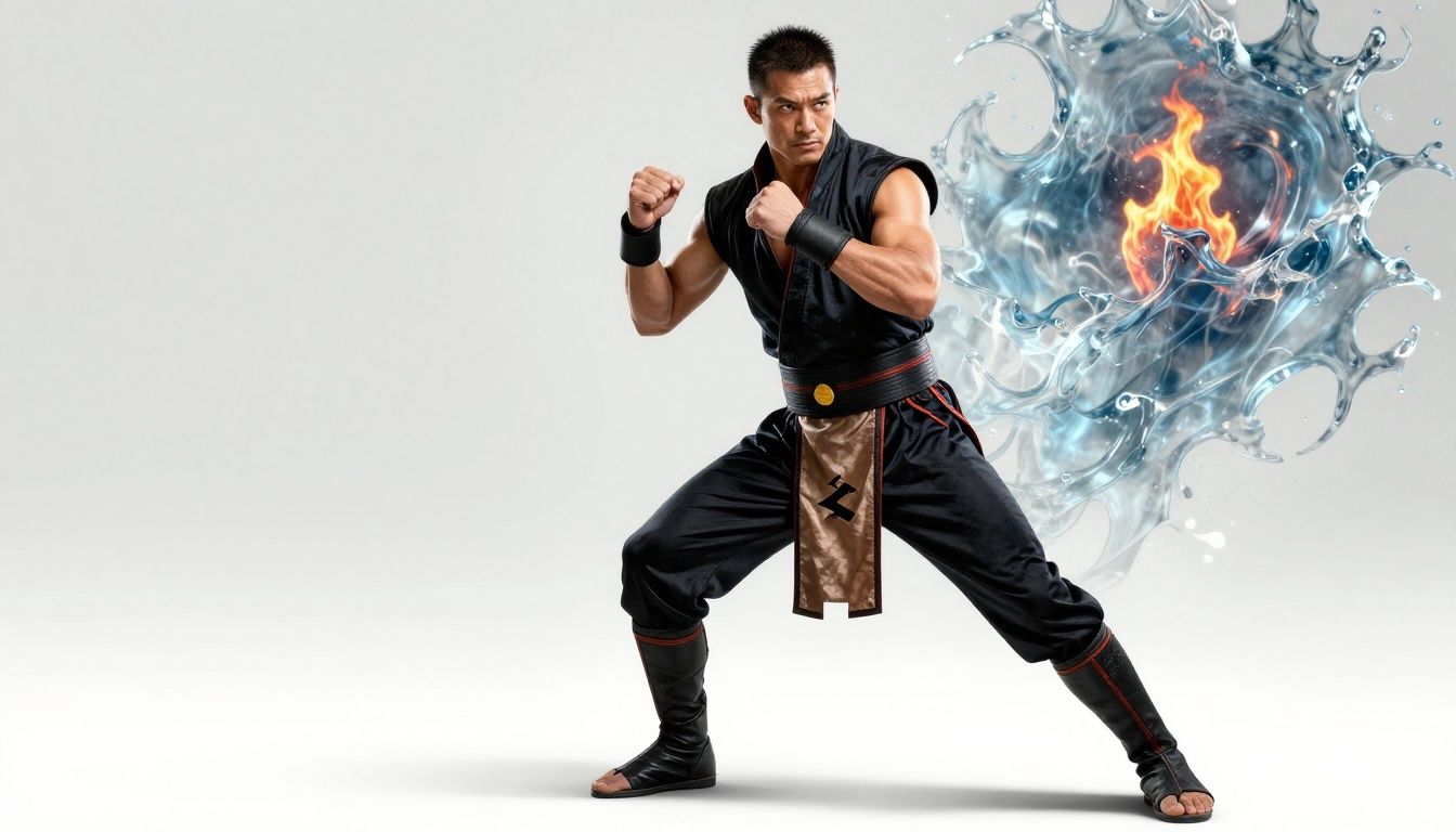 Um lutador icônico de Mortal Kombat 1 em posição de combate com fogo e gelo ao fundo