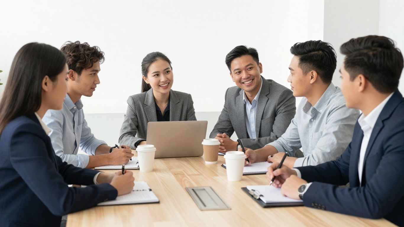 Grupo de personas colaborando en una mesa de trabajo