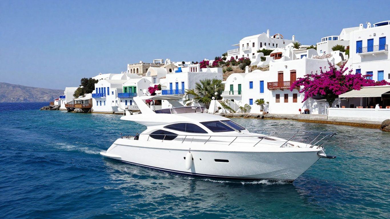 Luxury yacht sailing in the Aegean Sea near Greek islands.
