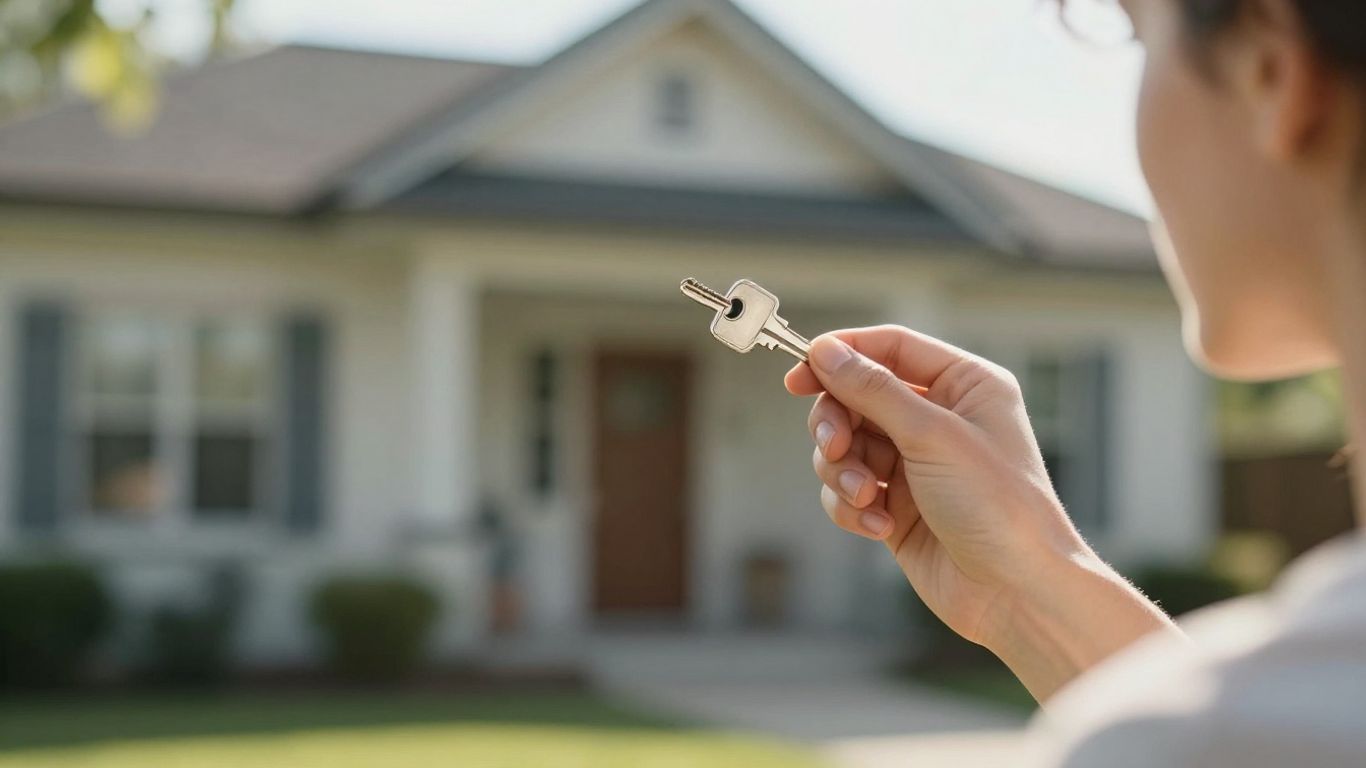 Llave de casa con una casa al fondo.