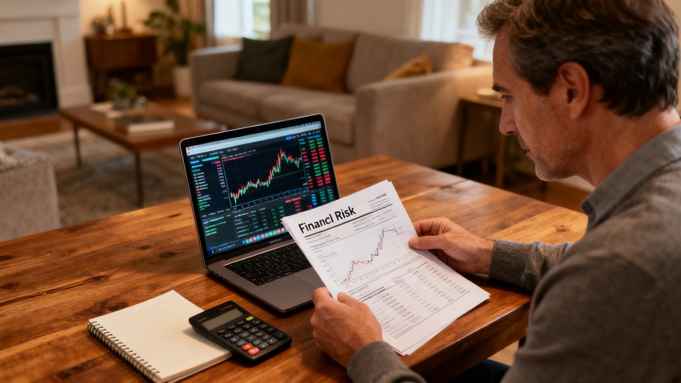 Adult reviewing CFD risk documents beside a laptop