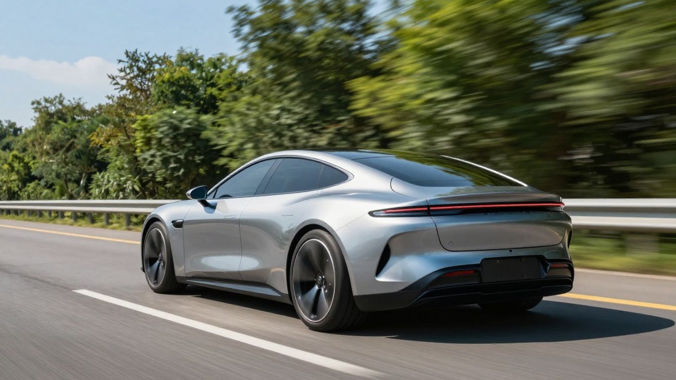 Futuristisches Elektroauto auf einer grünen Autobahn.