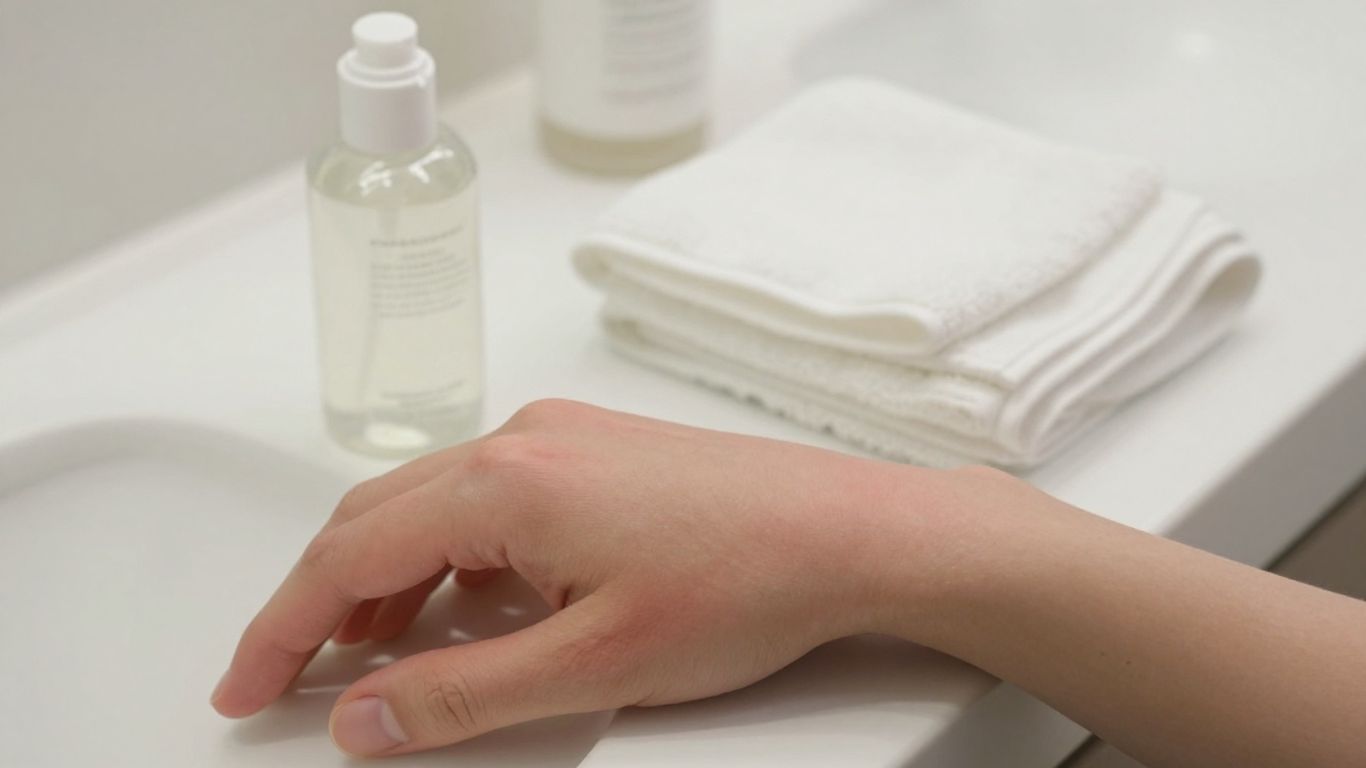 Irritated skin beside a lubricant bottle