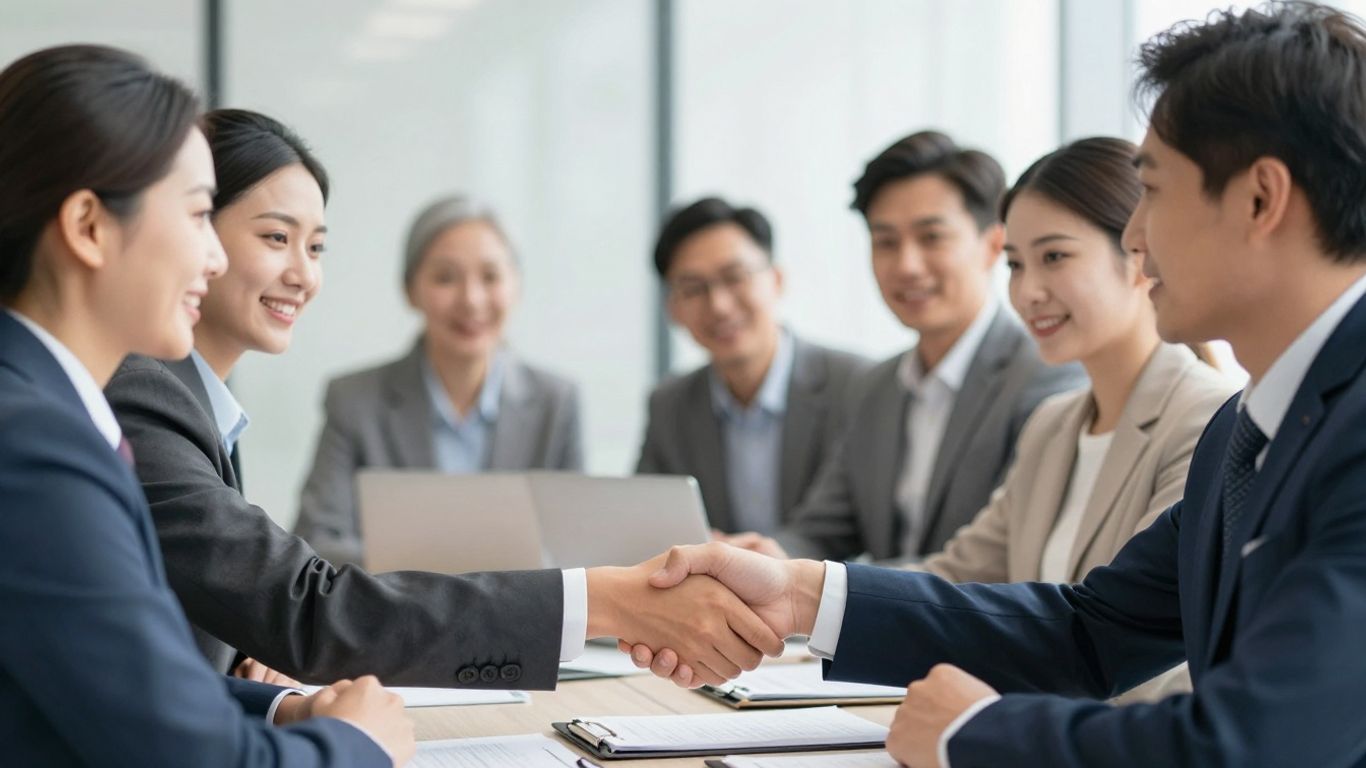 Personas estrechando manos en un entorno de negocios profesional.