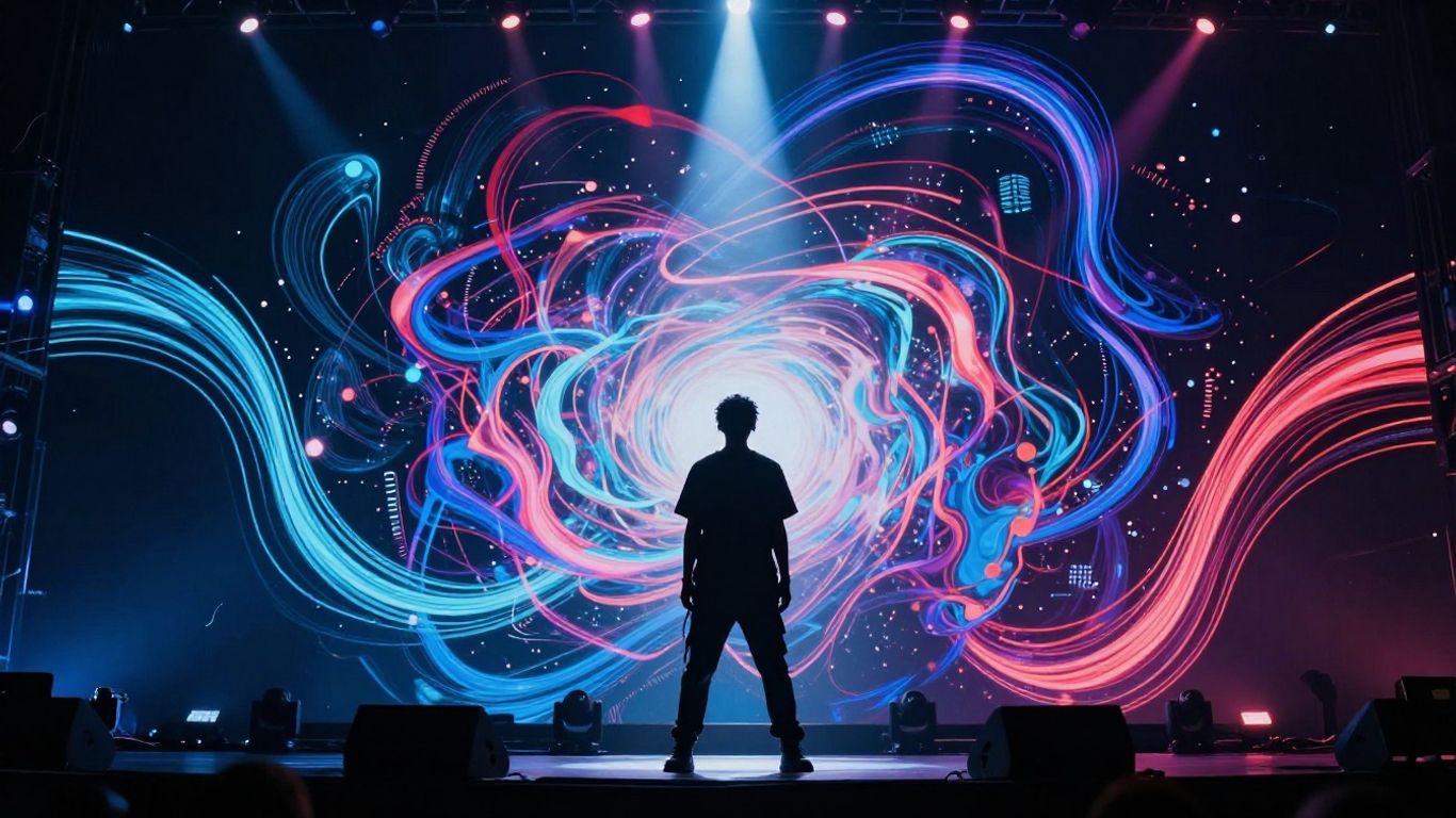 Futuristic AI music video visuals with dynamic lights.