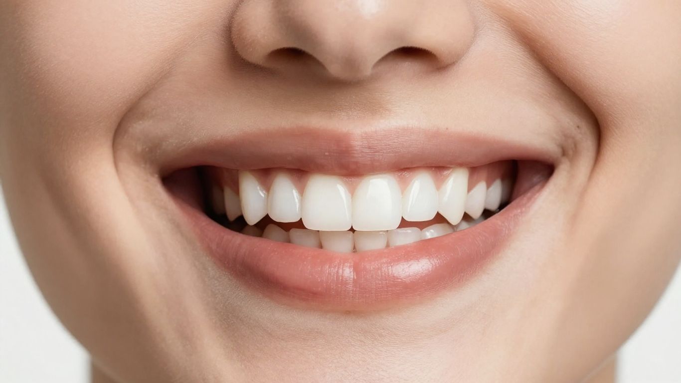 Strahlendes Lächeln mit weißen, perfekten Zähnen.